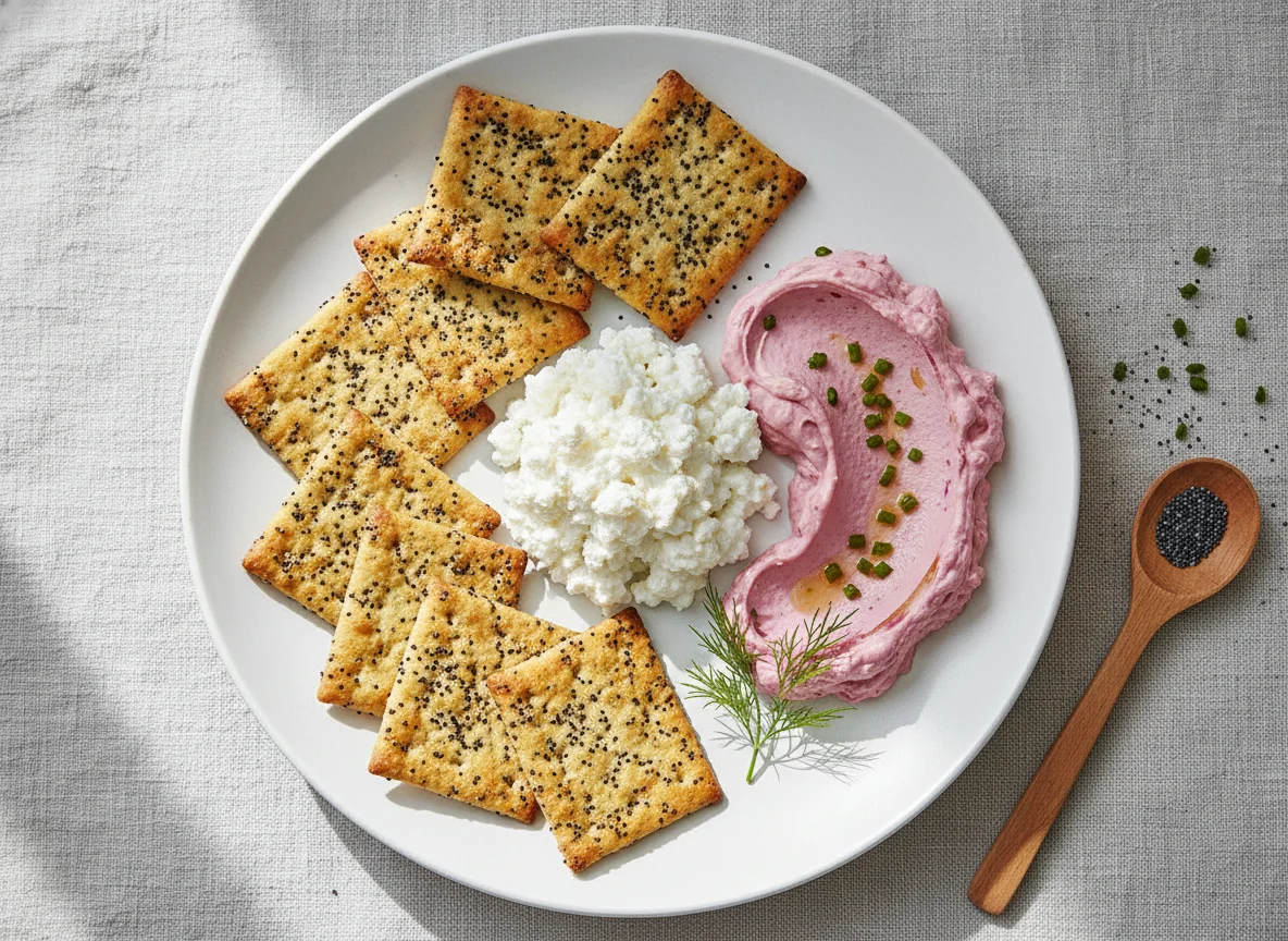 Crackers with Cottage Cheese and Pink Dip photo