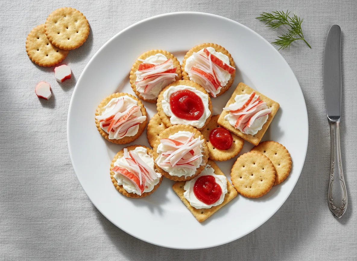 Crackers with Cream Cheese and Crab Stick photo