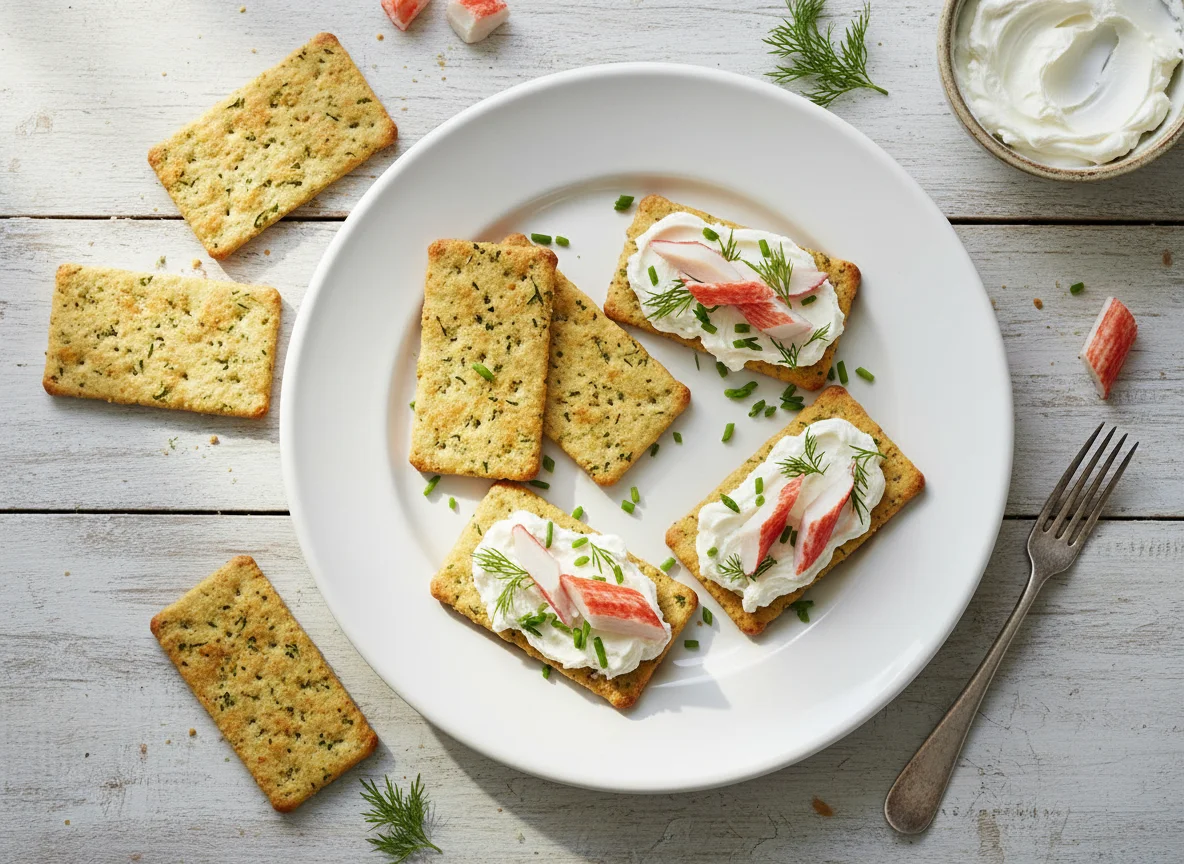 Crackers with Cream Cheese and Crab Sticks photo