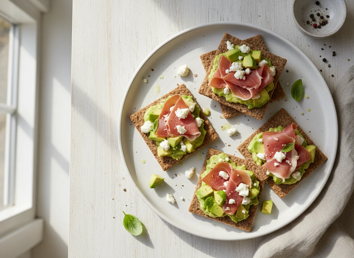 Crackers with Ham, Avocado, and Feta photo