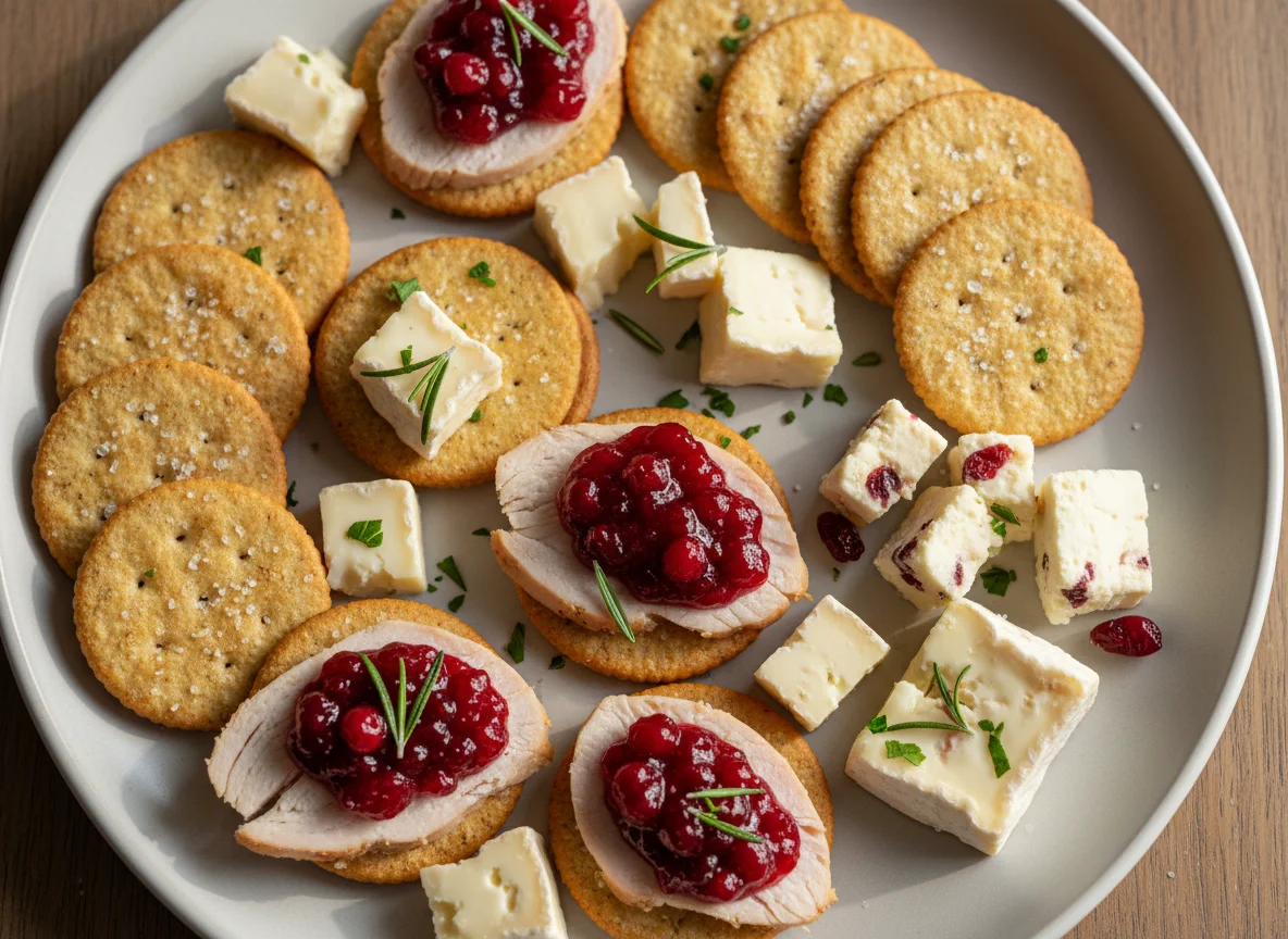 Crackers with Turkey, Cranberry Sauce, and Cheese photo