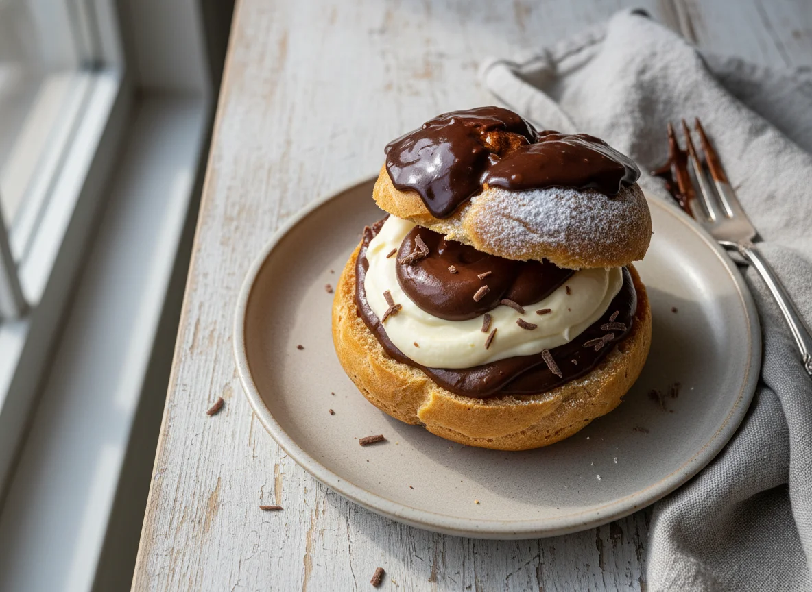 Cream Puff Pastry with Chocolate and Vanilla Cream photo