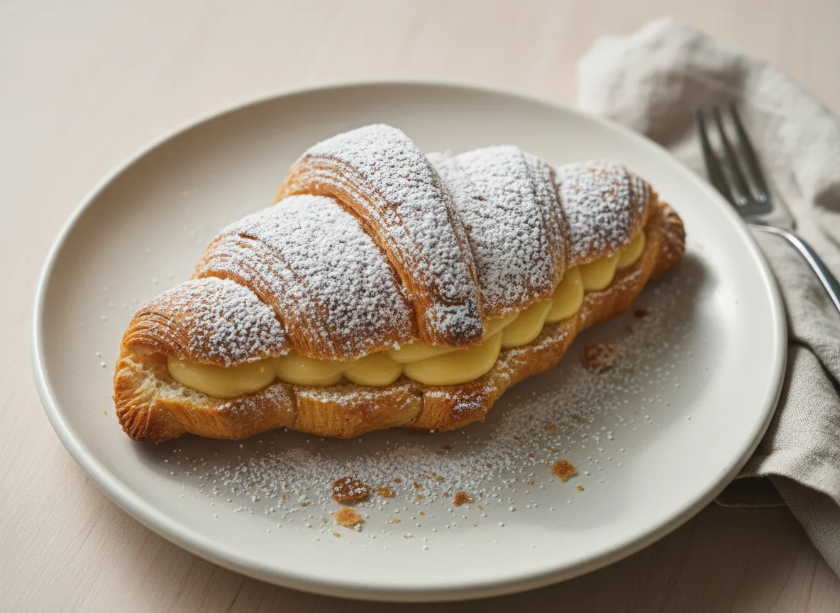 Cream-filled croissant with powdered sugar photo