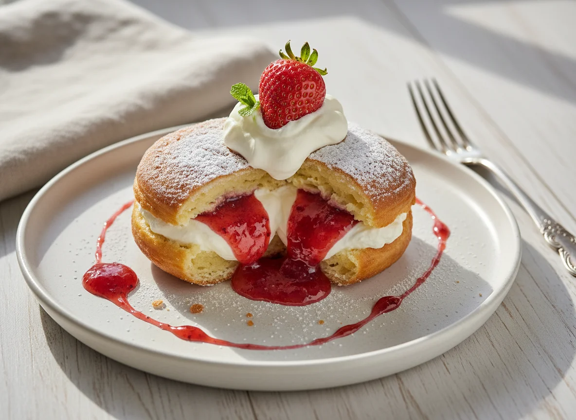 Cream-filled pastry with jam photo