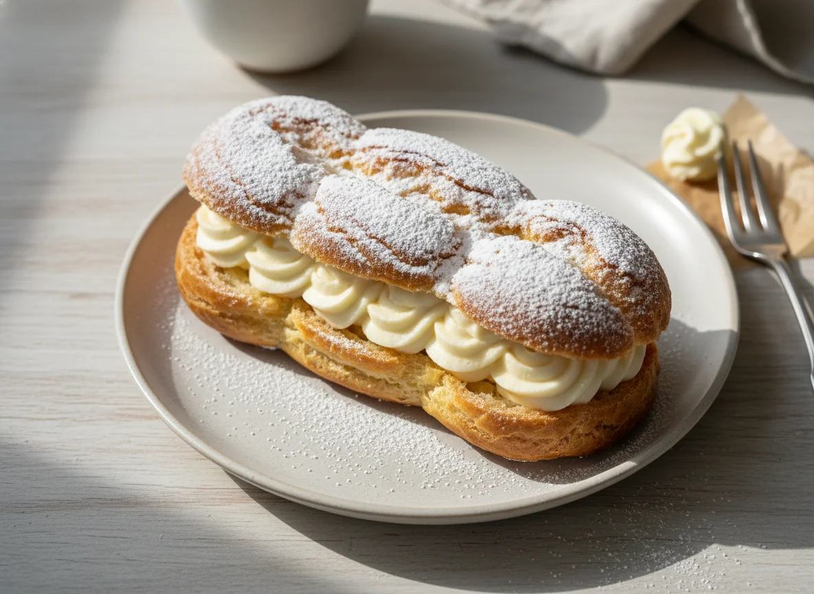 Cream-filled pastry with powdered sugar photo
