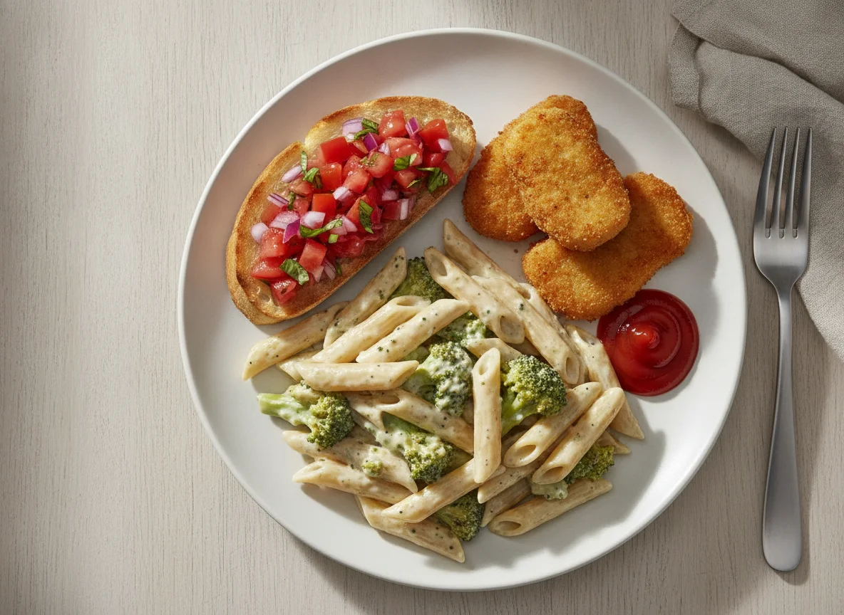 Creamy broccoli pasta with bruschetta and chicken nuggets photo