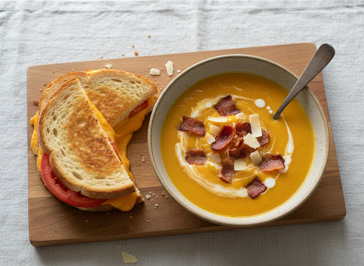 Creamy Butternut Squash Soup with Bacon and Grilled Cheese photo