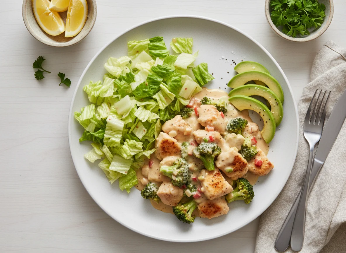 Creamy Chicken and Broccoli with Salad and Avocado photo