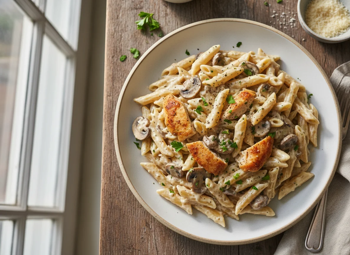 Creamy Chicken and Mushroom Penne Pasta photo