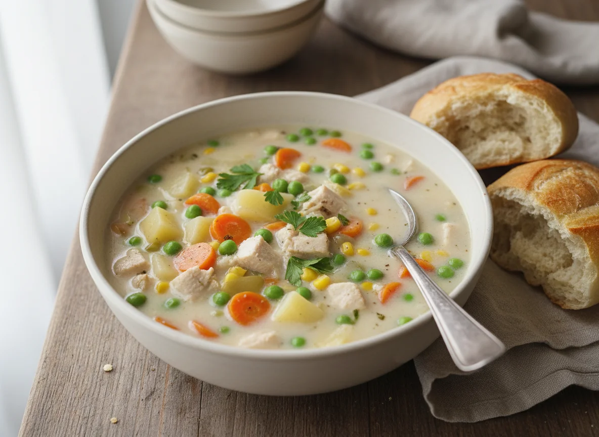 Creamy Chicken and Vegetable Soup with Rolls photo