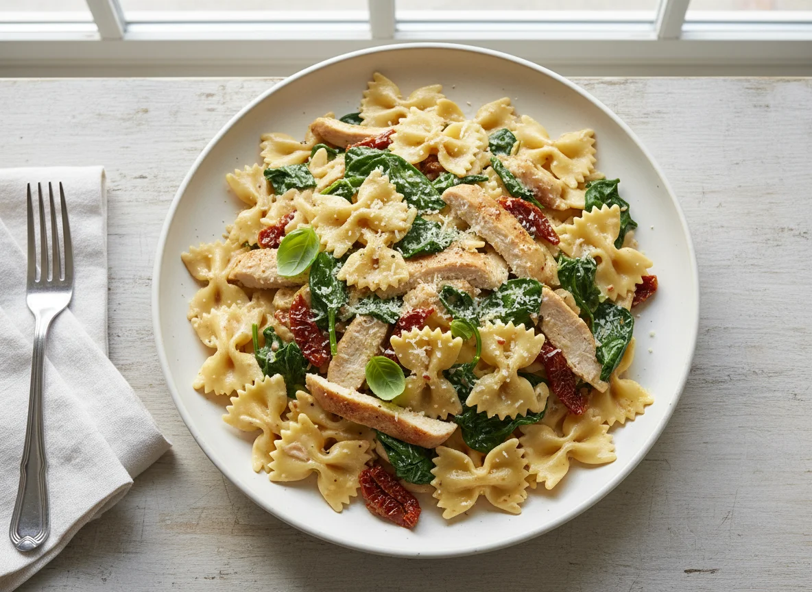 Creamy Chicken Farfalle Pasta with Spinach and Sun-dried Tomatoes photo