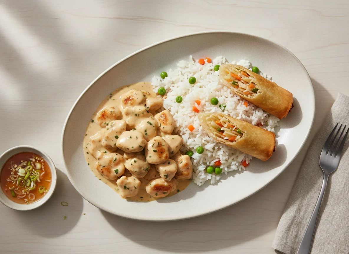 Creamy Chicken or Fish with Rice and Spring Roll photo
