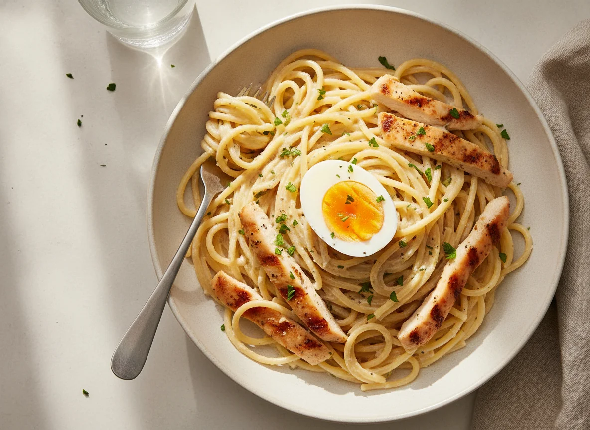 Creamy Chicken Pasta with Boiled Egg photo