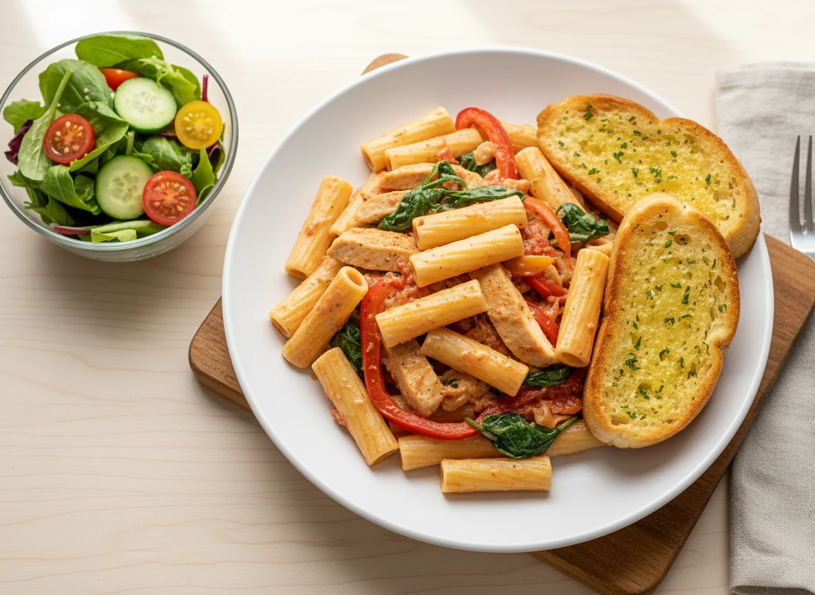 Creamy Chicken Pasta with Garlic Bread and Side Salad photo