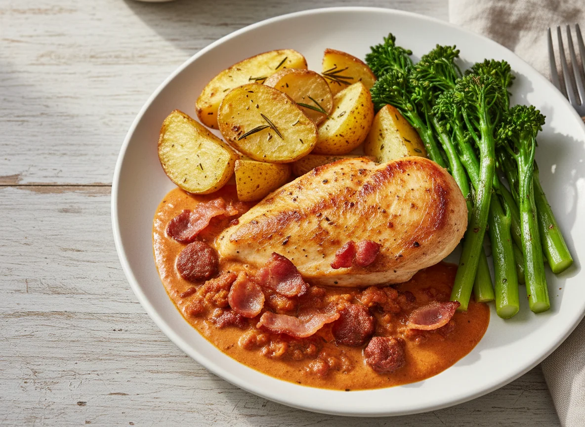 Creamy Chicken with Roasted Potatoes and Broccolini photo
