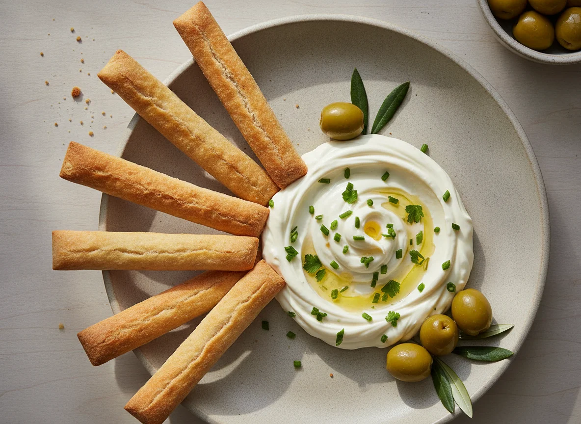 Creamy Dip with Breadsticks and Olive photo