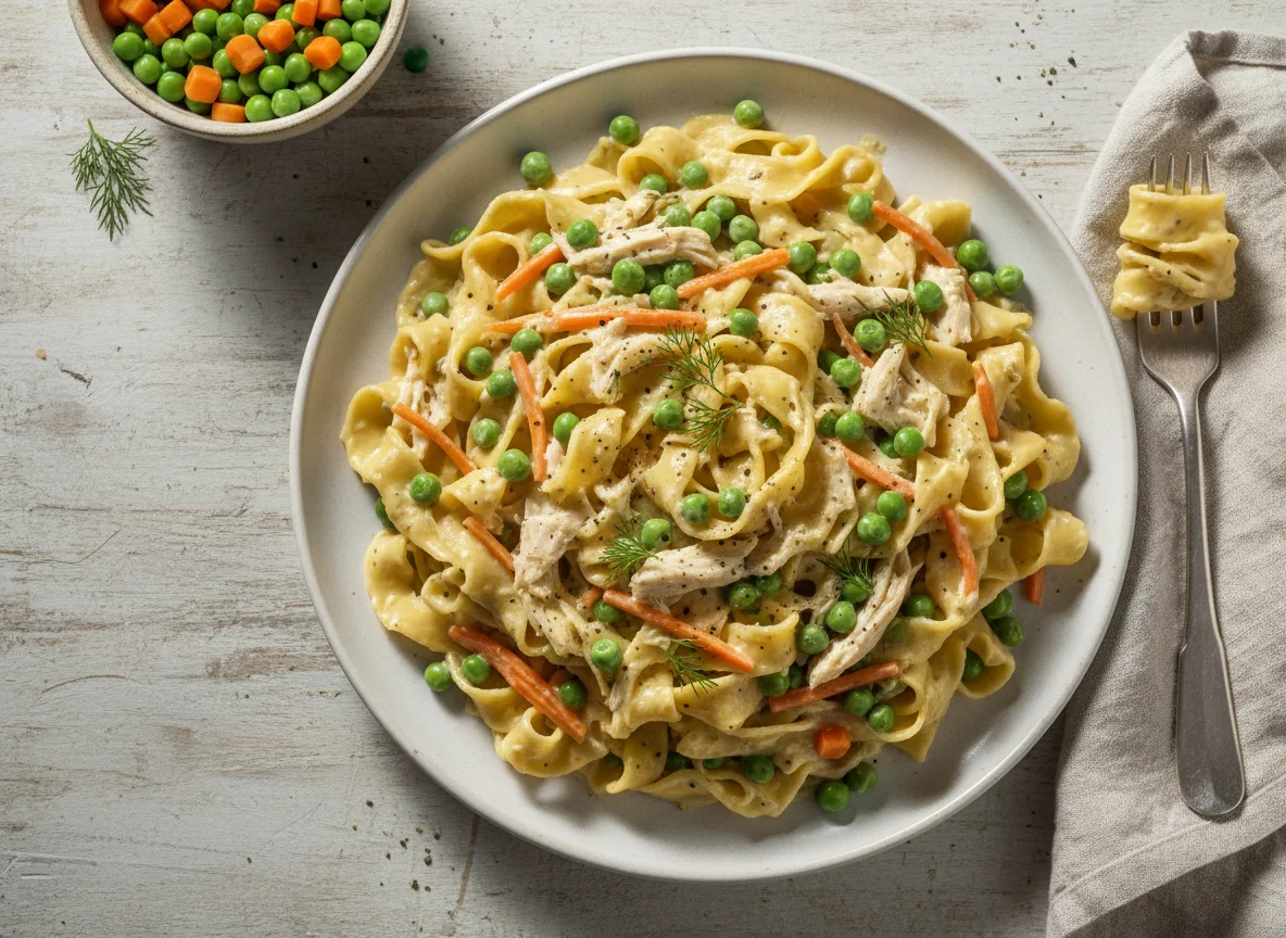 Creamy Egg Noodles with Peas and Carrots photo