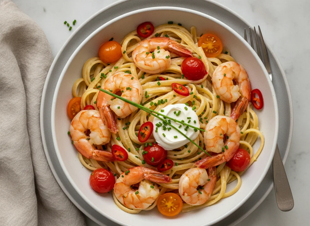 Creamy King Prawn Linguine With Tomatoes & Chilli photo