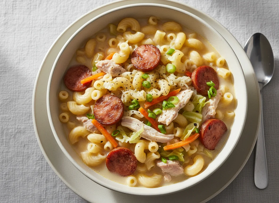 Creamy Macaroni Soup with Sausage and Vegetables photo