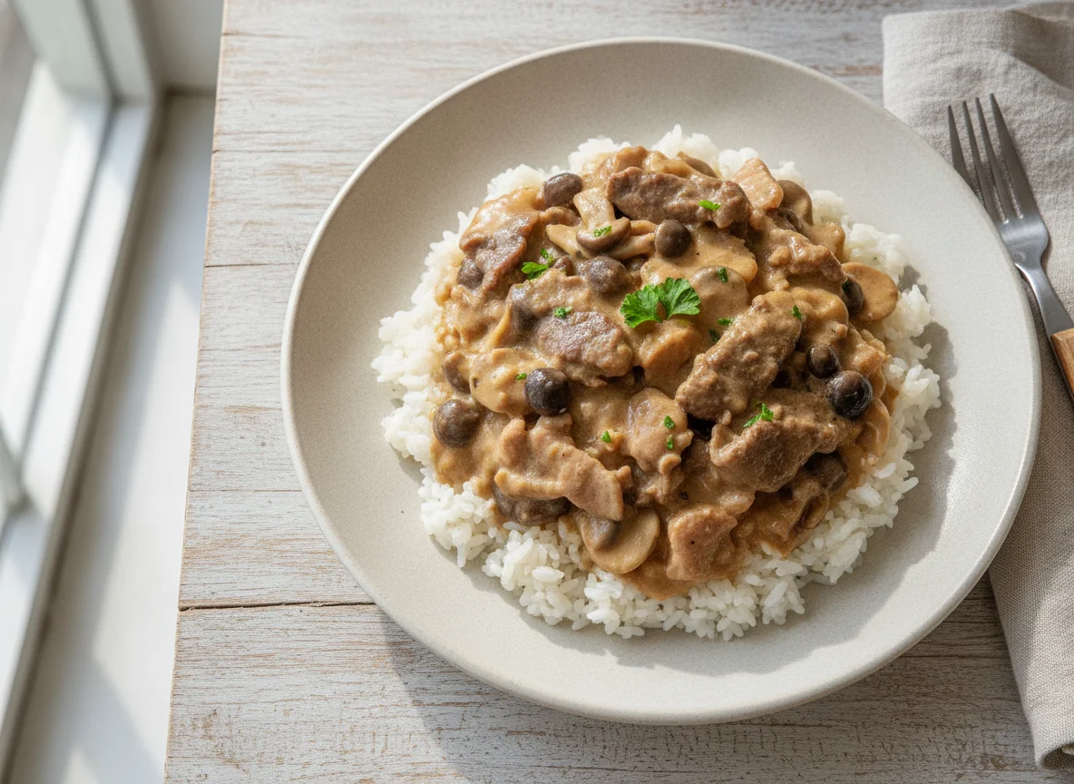Creamy Meat and Mushroom over Rice photo