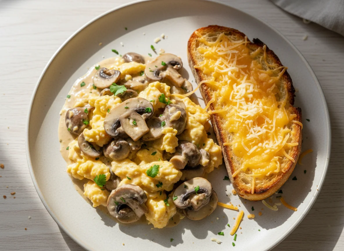 Creamy Mushroom and Egg Dish with Cheesy Bread photo