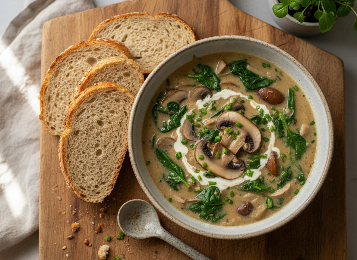 Creamy Mushroom and Spinach Soup with Whole Grain Bread photo