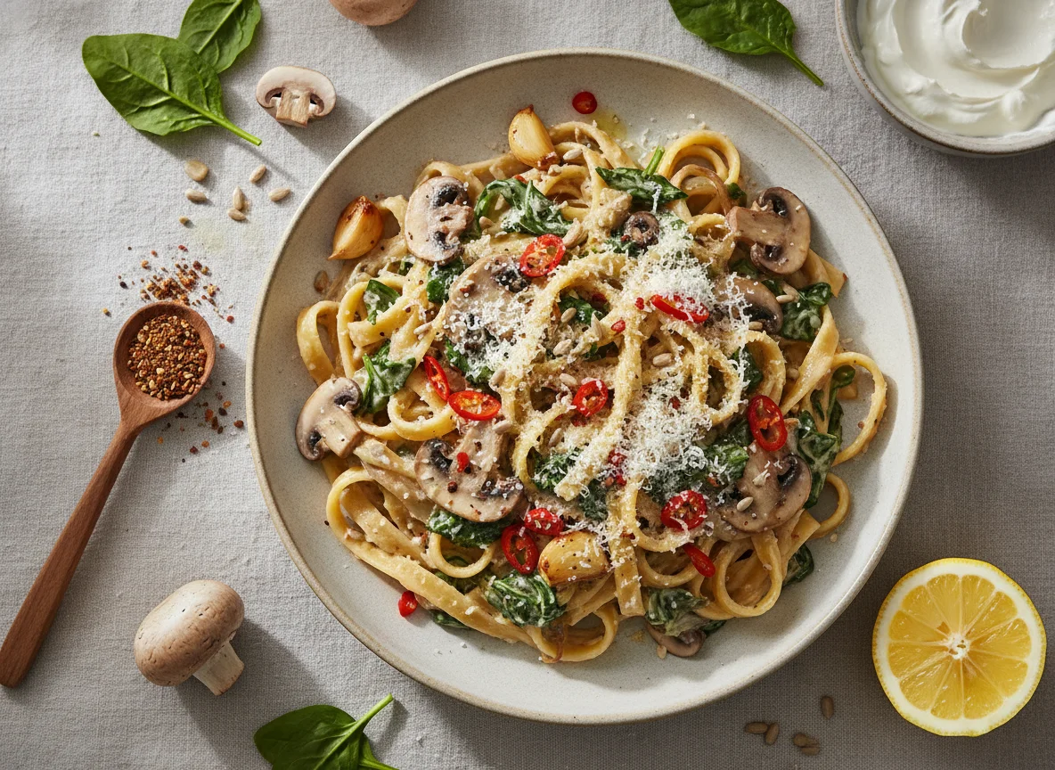 Creamy Mushroom and Spinach Tagliatelle photo