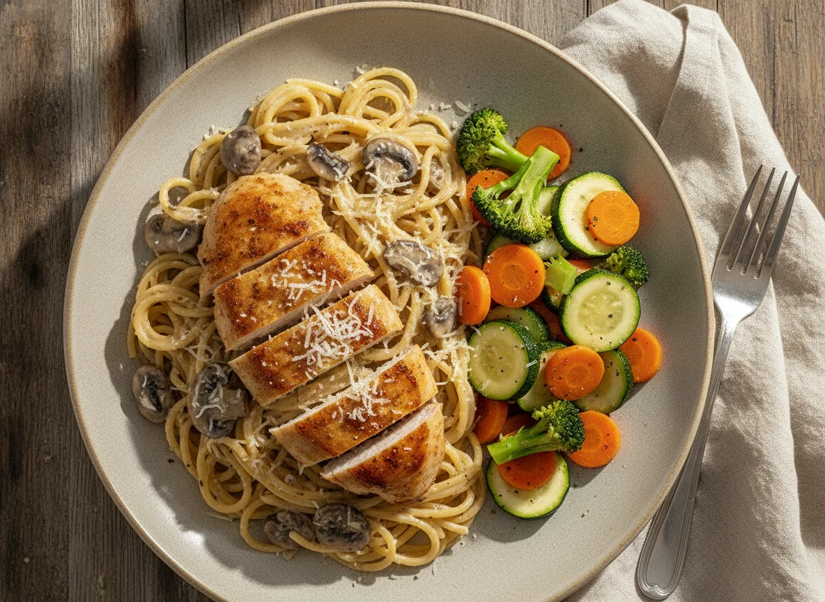 Creamy Mushroom Chicken with Pasta and Steamed Vegetables photo
