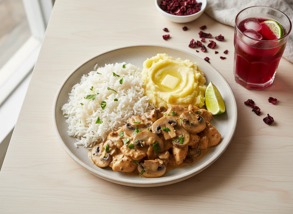Creamy Mushroom Chicken with Rice and Mashed Potatoes photo
