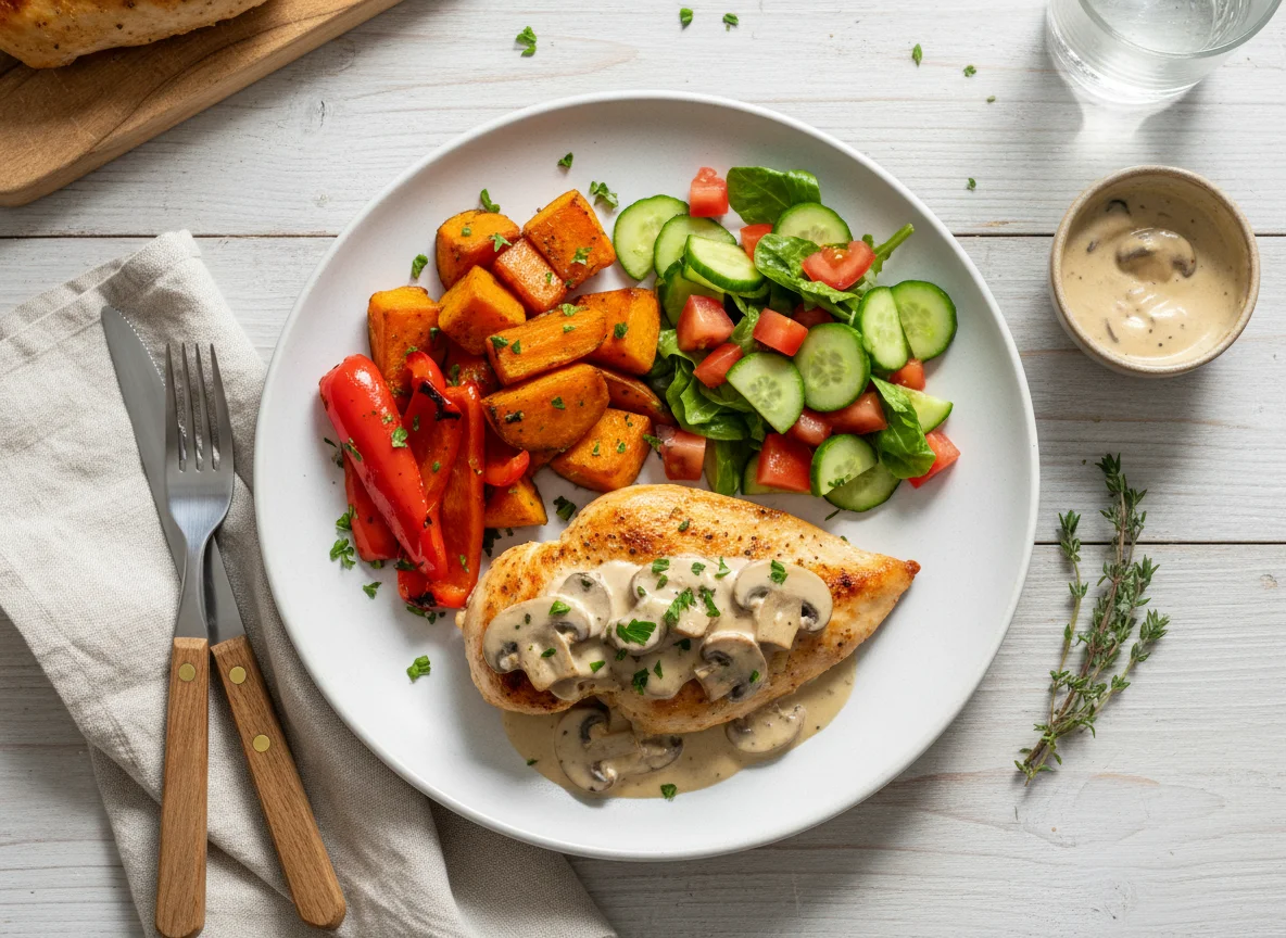 Creamy Mushroom Chicken with Roasted Vegetables and Salad photo