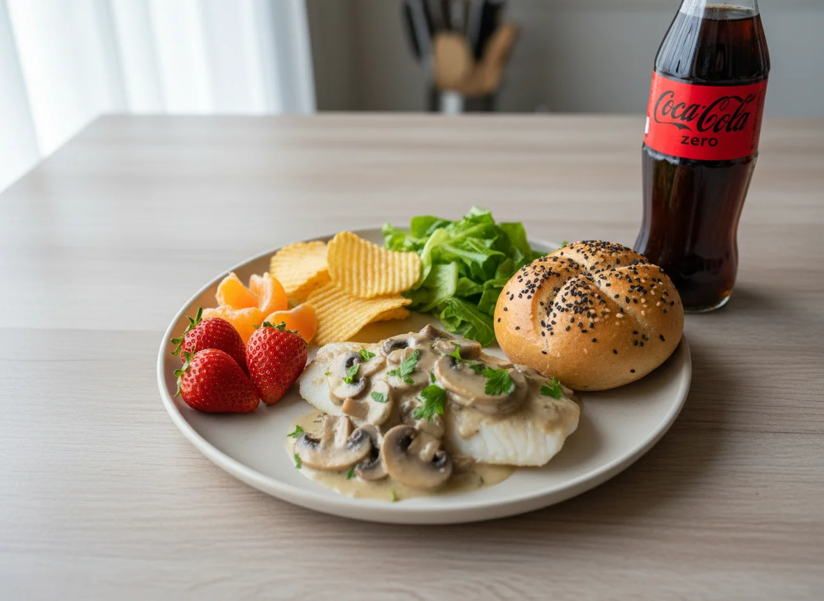 Creamy mushroom fish with sides and Coca-Cola Zero photo