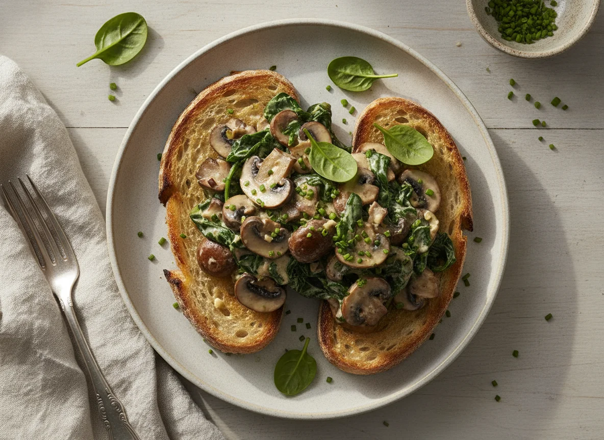 Creamy mushrooms and spinach on toast photo