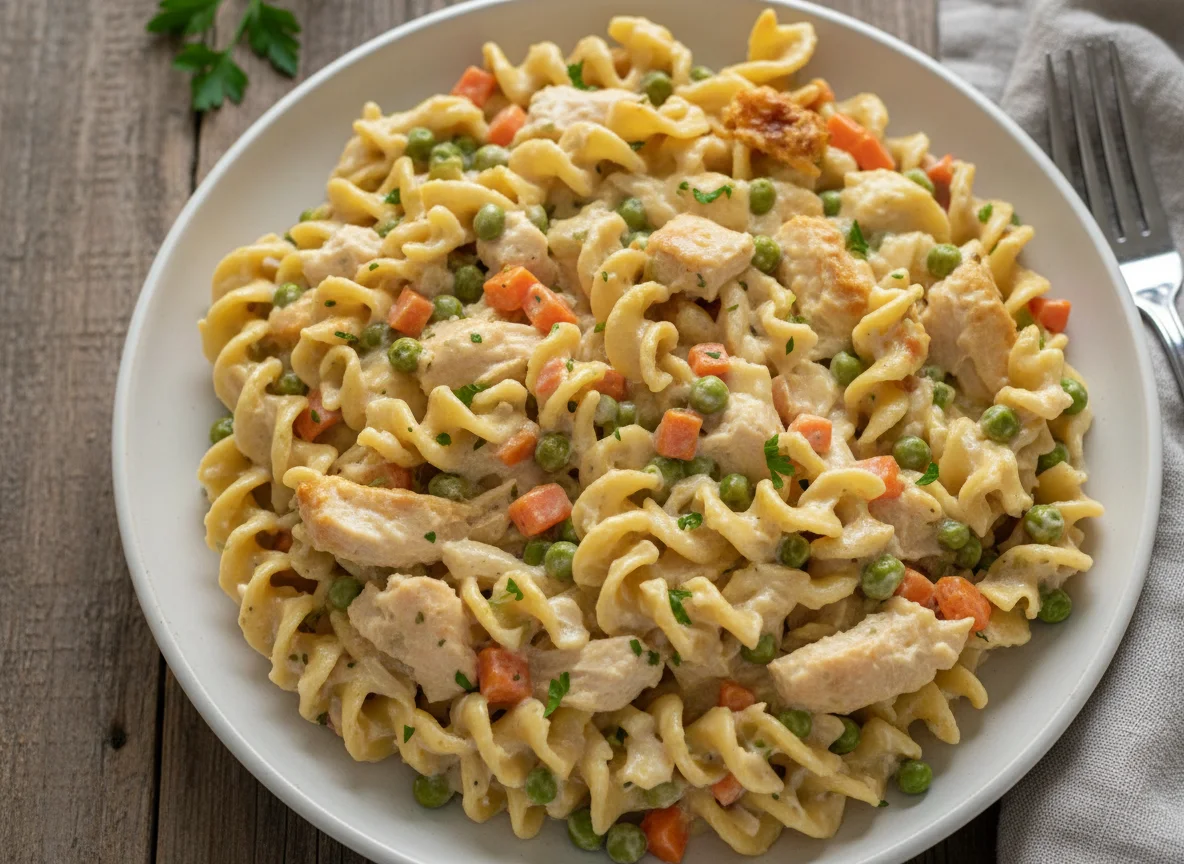 Creamy Noodle Casserole with Chicken, Peas, and Carrots photo