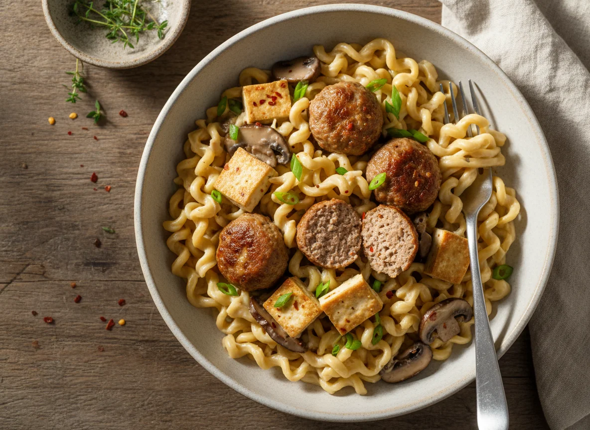 Creamy Noodles with Meatballs and Tofu photo