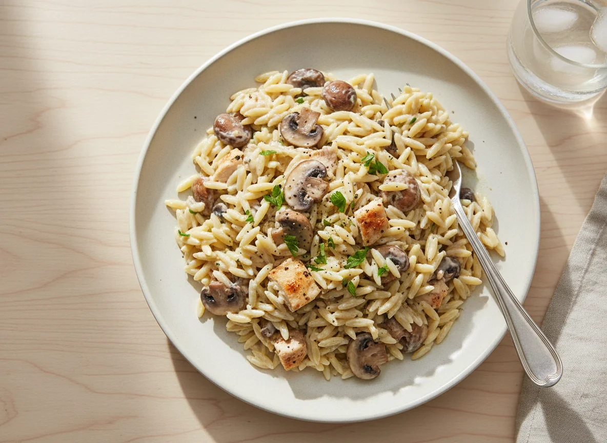 Creamy Orzo Pasta Salad with Chicken and Mushrooms photo