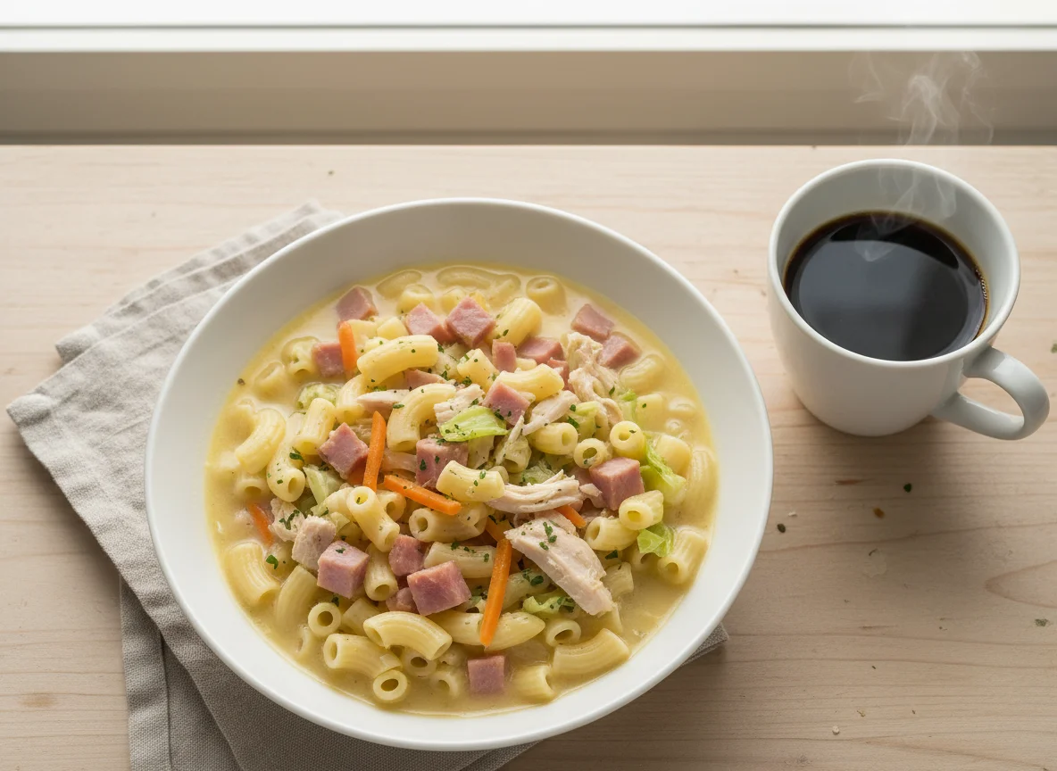 Creamy Pasta Soup with Ham and Coffee photo