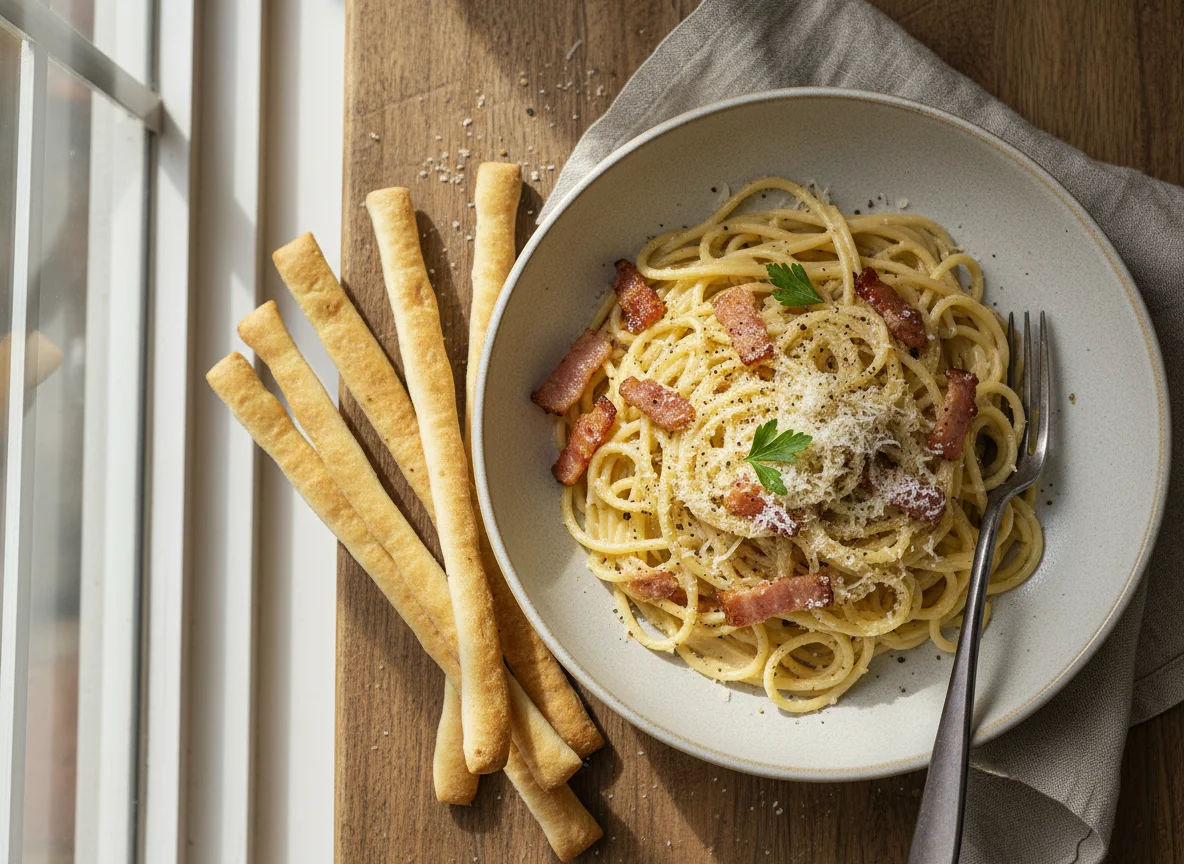 Creamy Pasta with Bacon and Breadsticks photo
