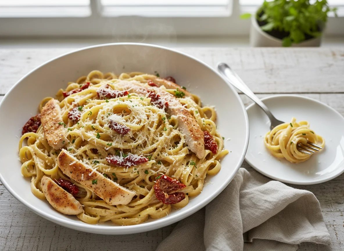 Creamy Pasta with Chicken, Sun-dried Tomatoes, and Parmesan photo
