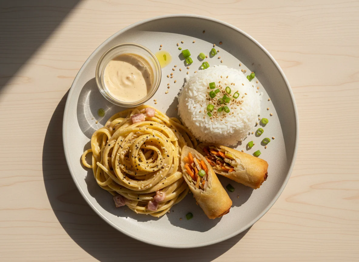 Creamy Pasta with Rice and Spring Rolls photo