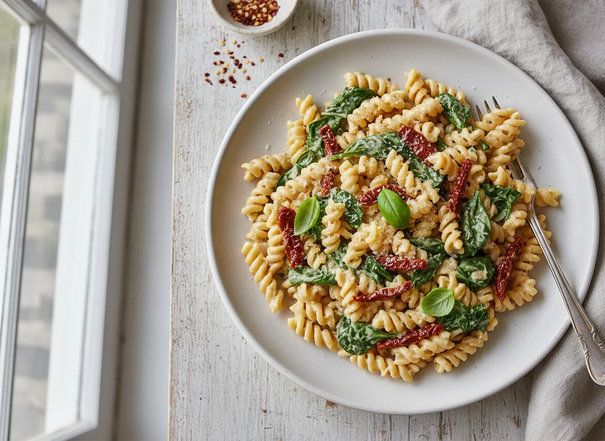 Creamy Pasta with Spinach and Sun-dried Tomatoes photo