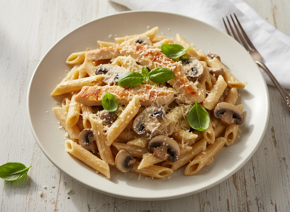 Creamy Penne Pasta with Chicken and Mushrooms photo