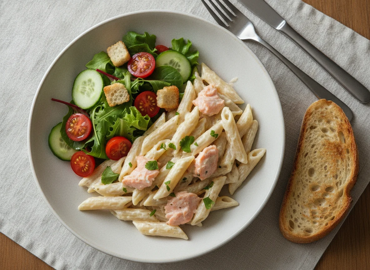 Creamy Penne Pasta with Salmon and Side Salad photo