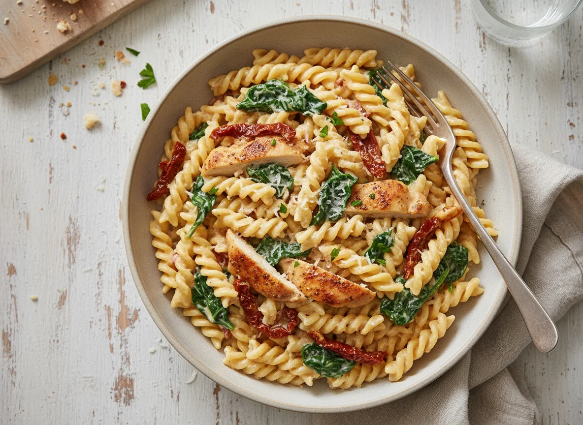 Creamy Rotini Pasta with Chicken and Spinach photo