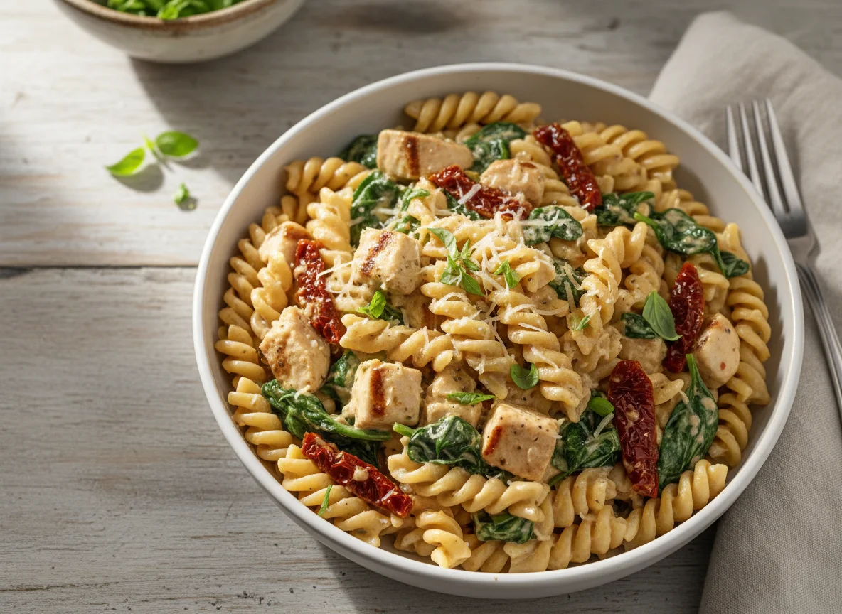 Creamy Rotini Pasta with Chicken, Spinach and Sun-dried Tomatoes photo