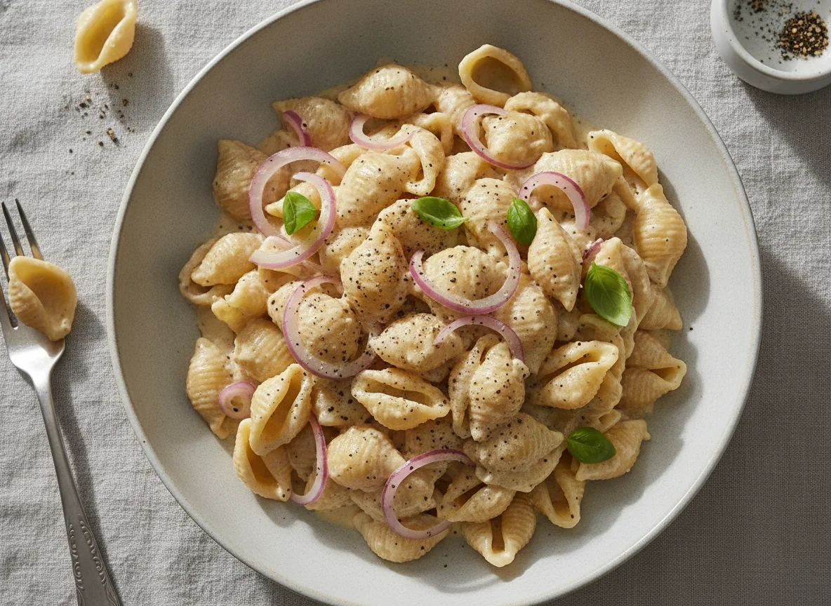 Creamy shell pasta with red onion photo
