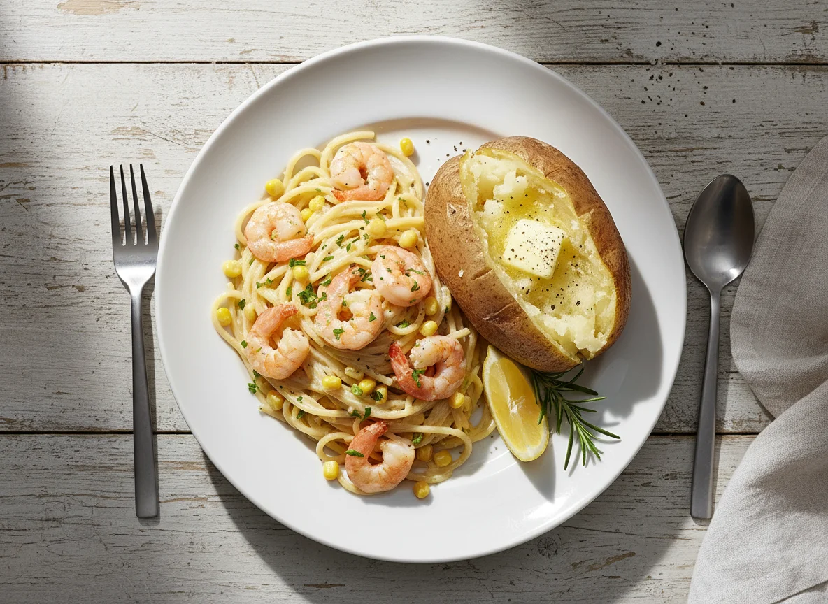 Creamy Shrimp and Sweetcorn Spaghetti with Baked Potato photo