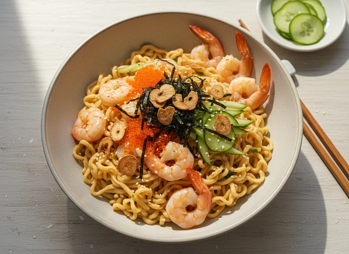Creamy Shrimp Noodles with Tobiko and Seaweed photo