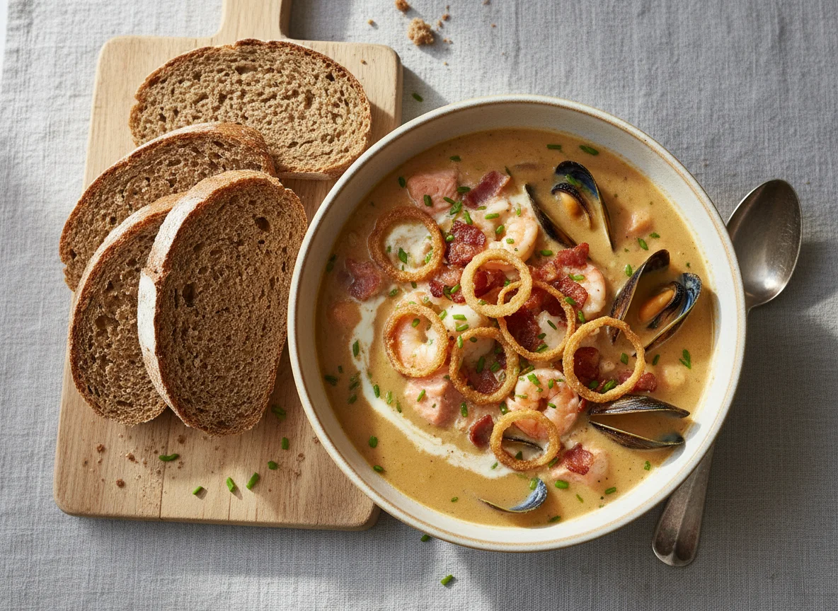 Creamy Soup with Brown Bread photo