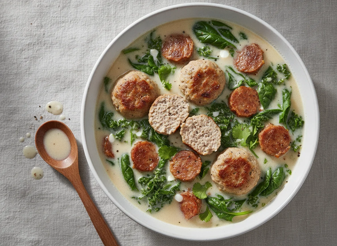 Creamy Soup with Greens and Meatballs/Sausage photo