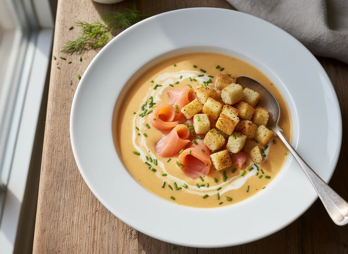 Creamy soup with smoked salmon and croutons photo